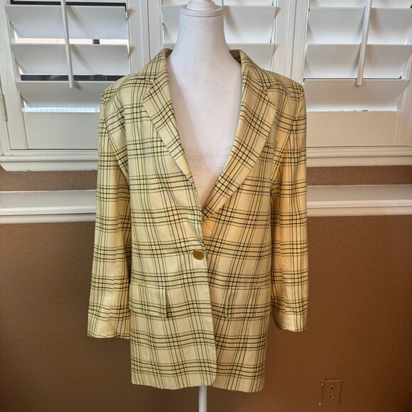 Vintage Escada Size 36 Longline Plaid Blazer Jacket Light Butter Cream Preppy - Picture 1 of 10
